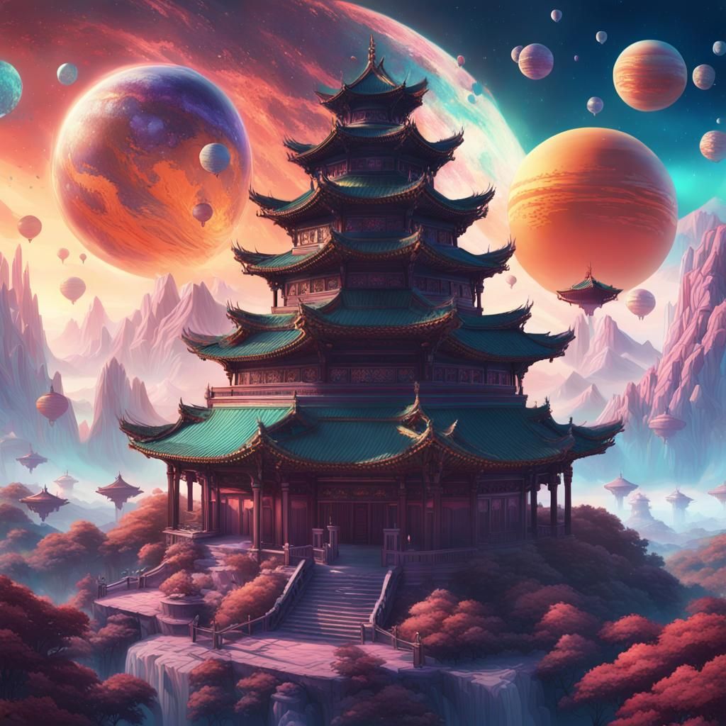 Airborne Asian Kingdom in Vaporwave Space