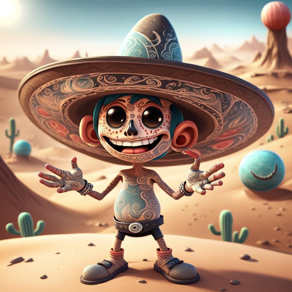 Cartoon Desert Planet with Tattoos and Sombrero