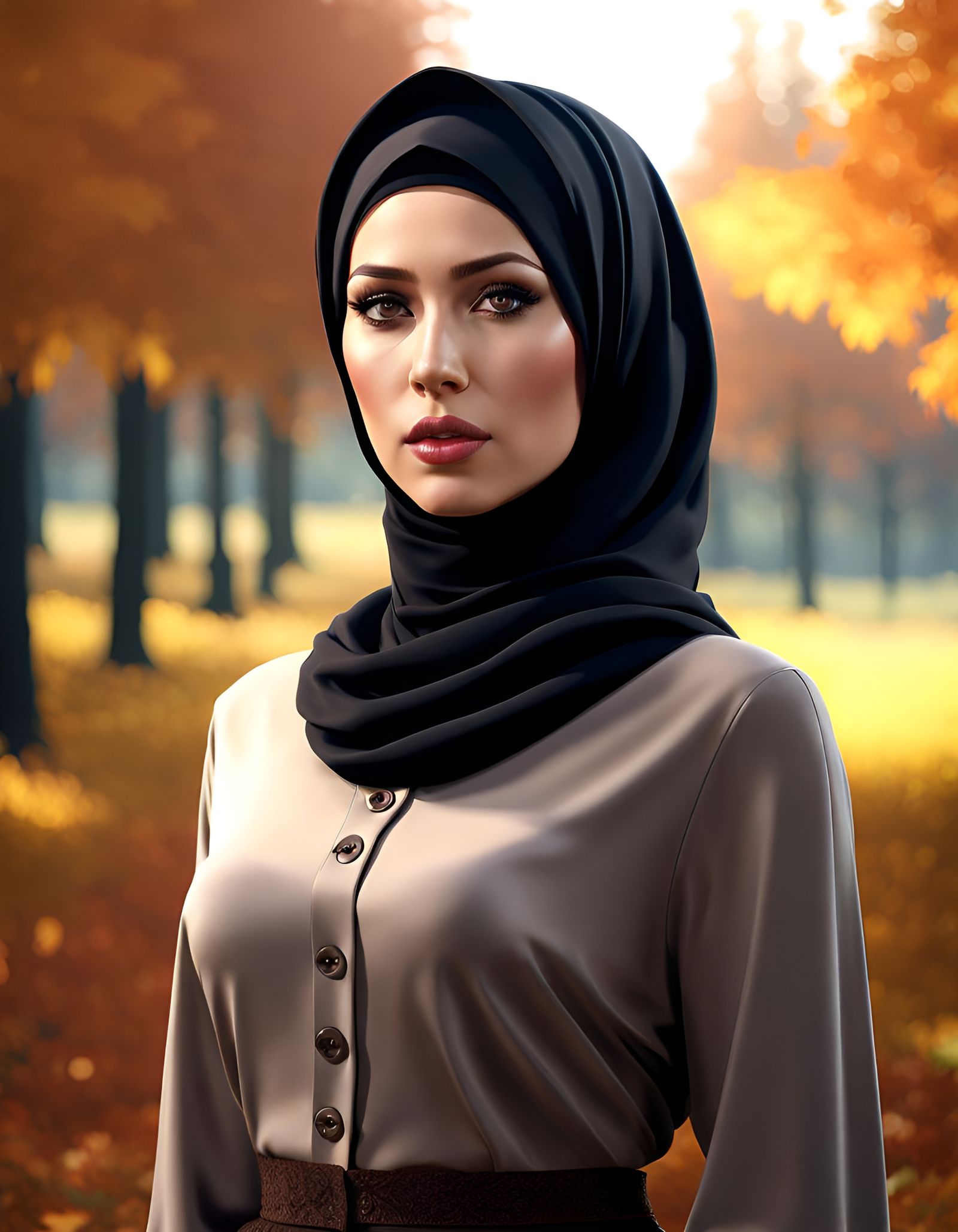 Modest Woman in Autumn Park: 8K Digital Art