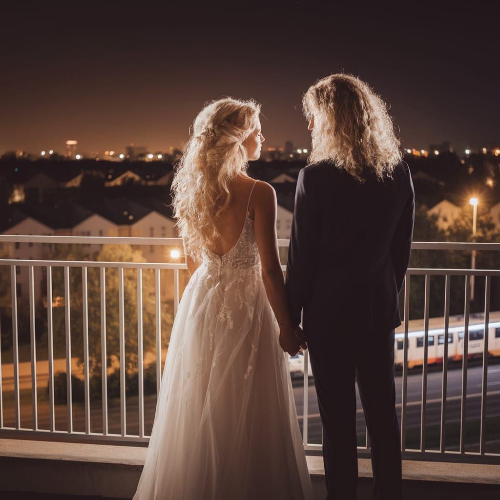 Elegant Blonde Couple Adorns Nighttime Cityscape