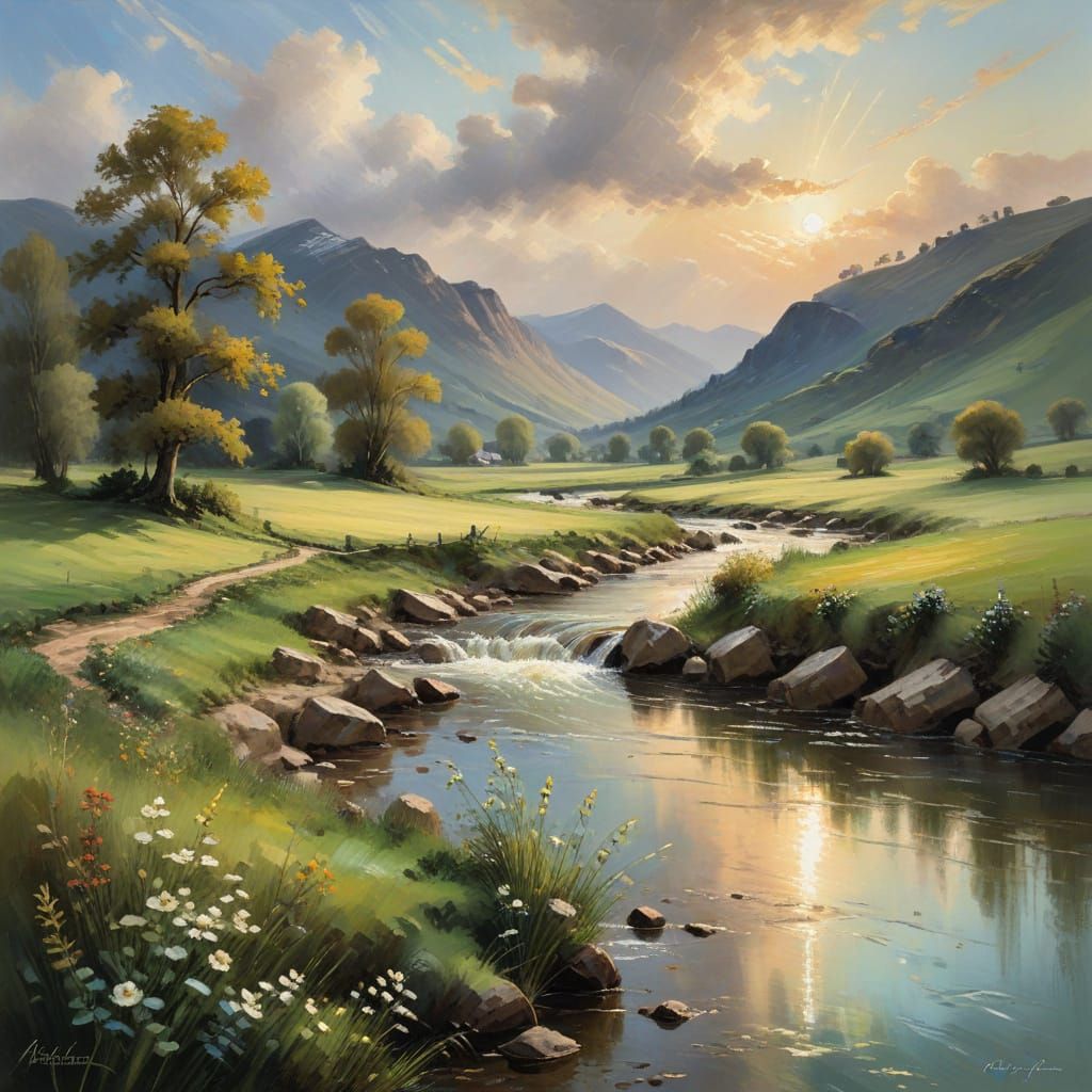 Tranquil Valley Landscape in Oil Painting Style