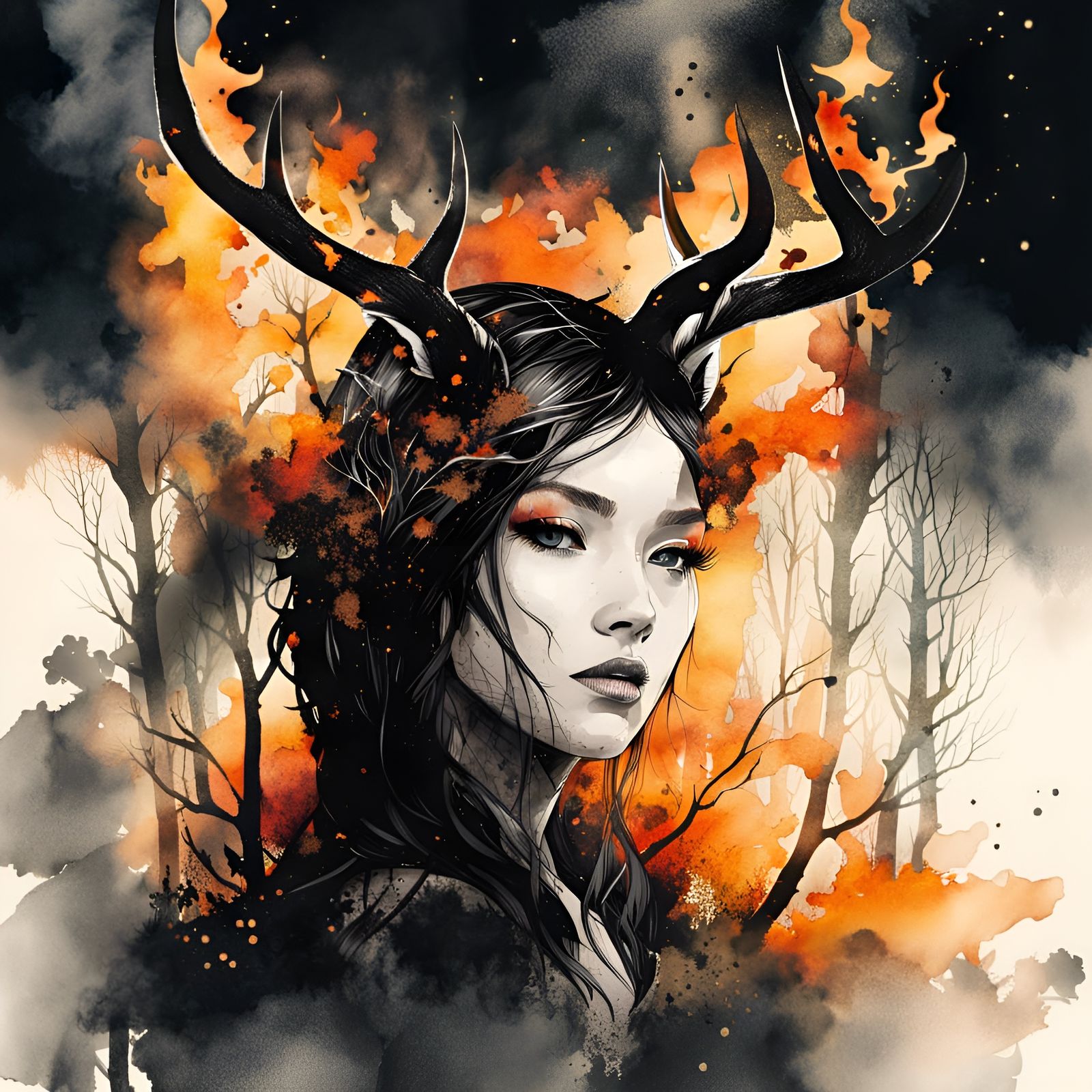 Burning Forest Gazelle Double Exposure Portrait