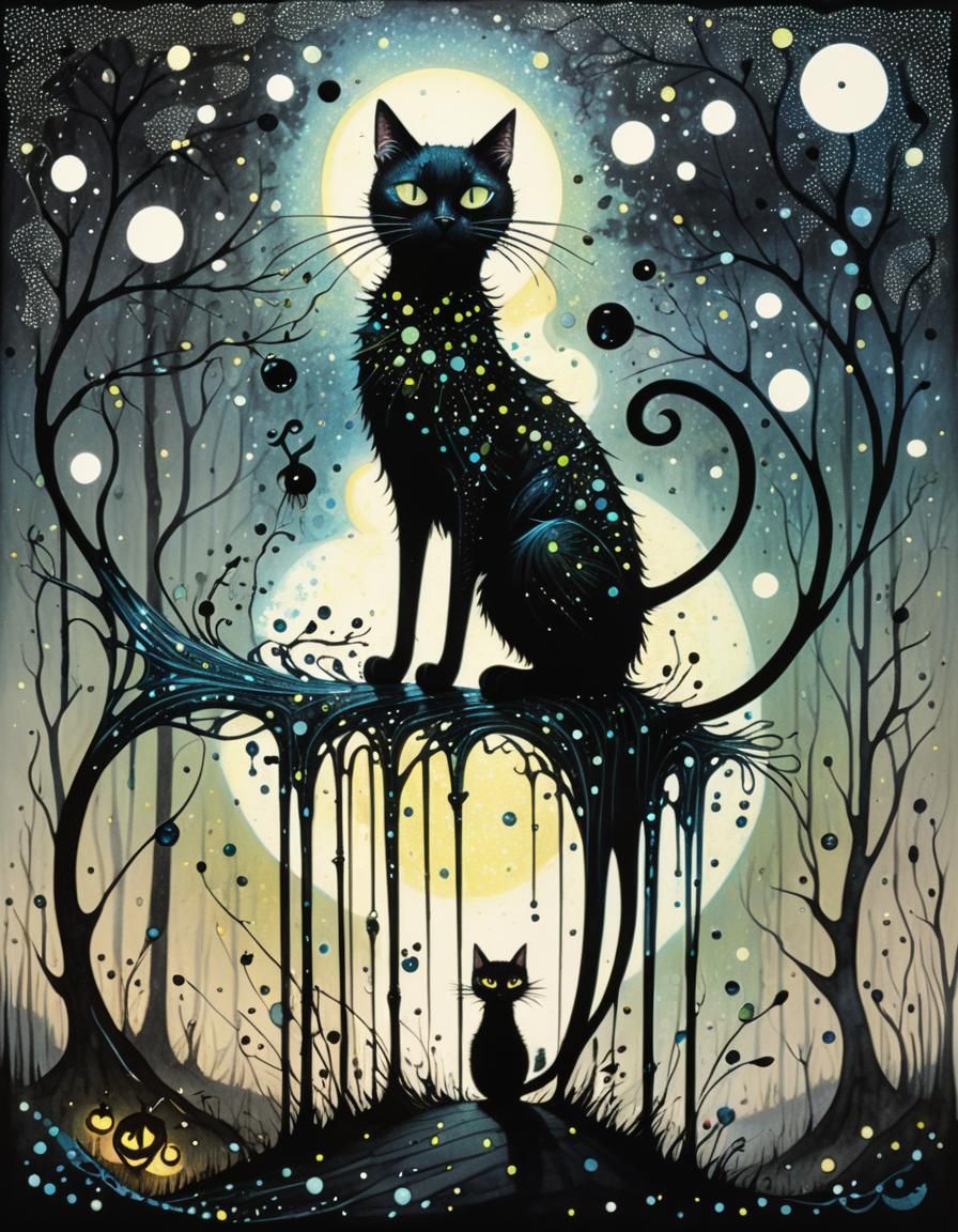 Whimsical Bioluminescent Cat Art in Pointillism Style