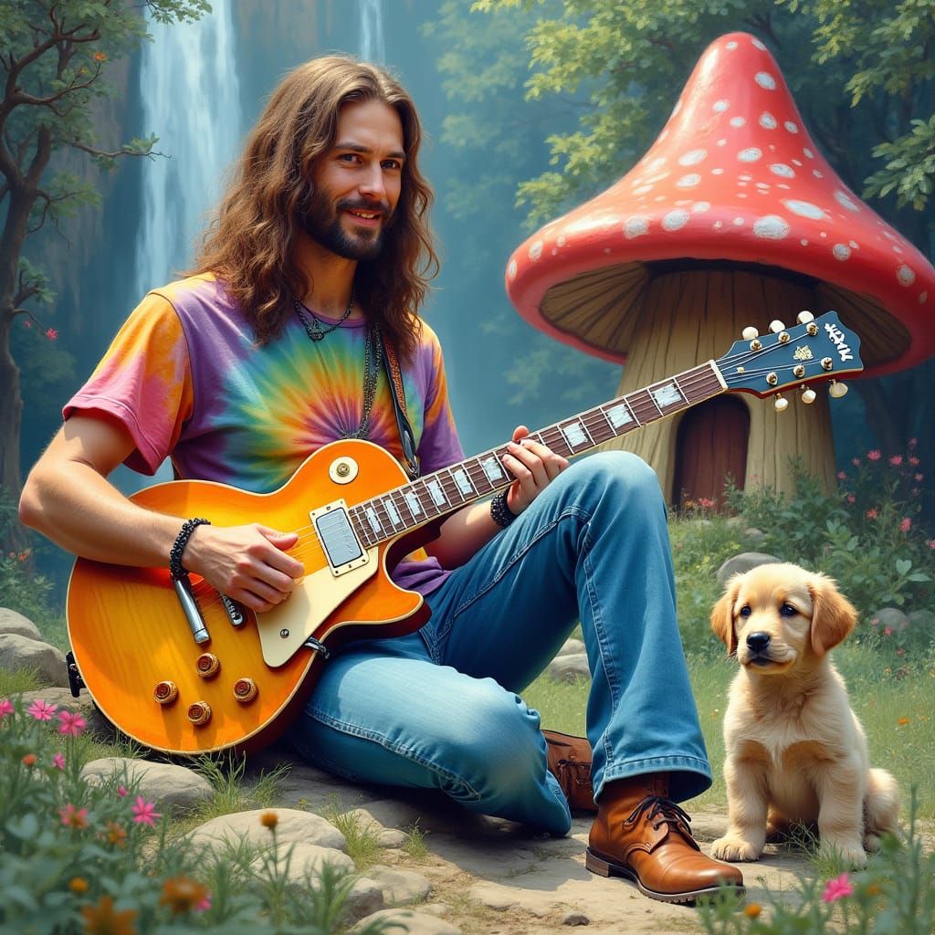 Psychedelic Hippie Scene with Puppy, Airbrush Style
