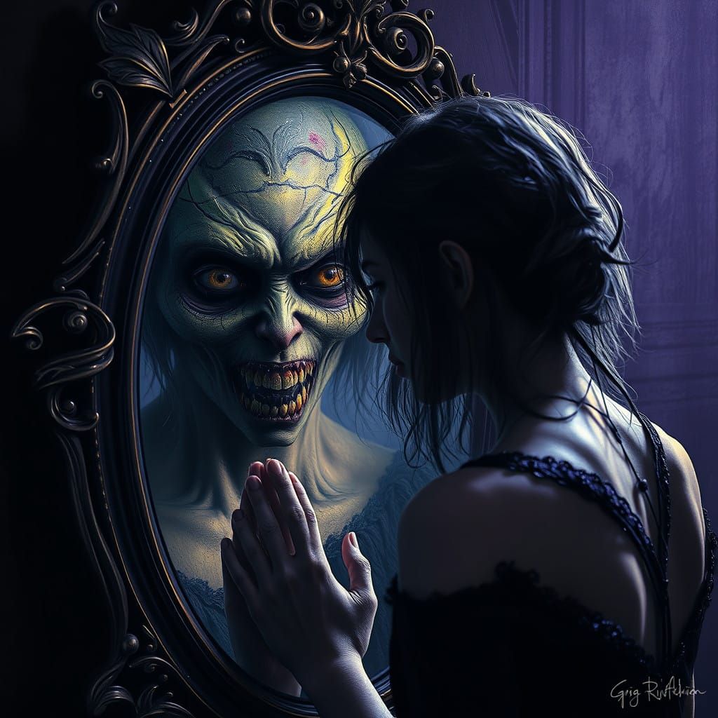 Ethereal Young Woman Sees Ugly Reflection in Shattered Mirro...