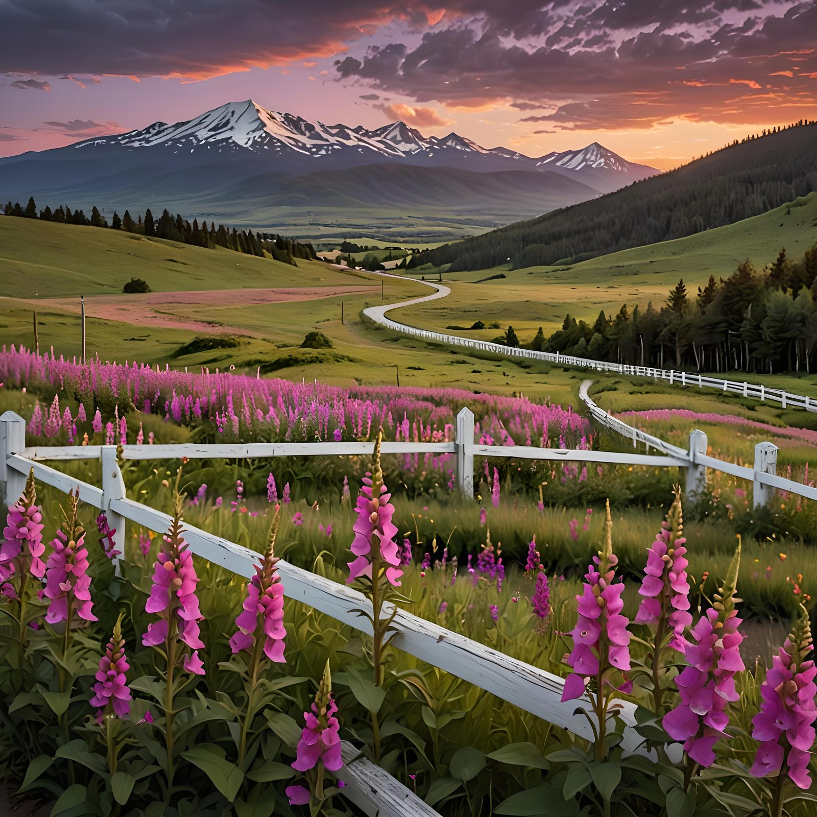 Magenta Foxgloves Line a Lonely Road at Sunset