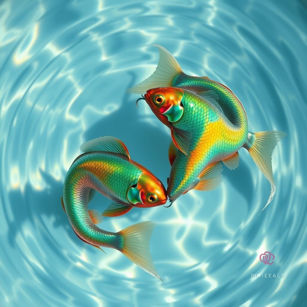 Vibrant Fish Swim in Harmonious Circle, Iridescent Scales Sh...