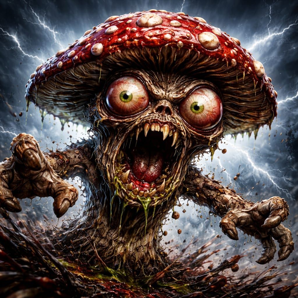 Angry Zombie Mushroom in Stormy Lightning Style