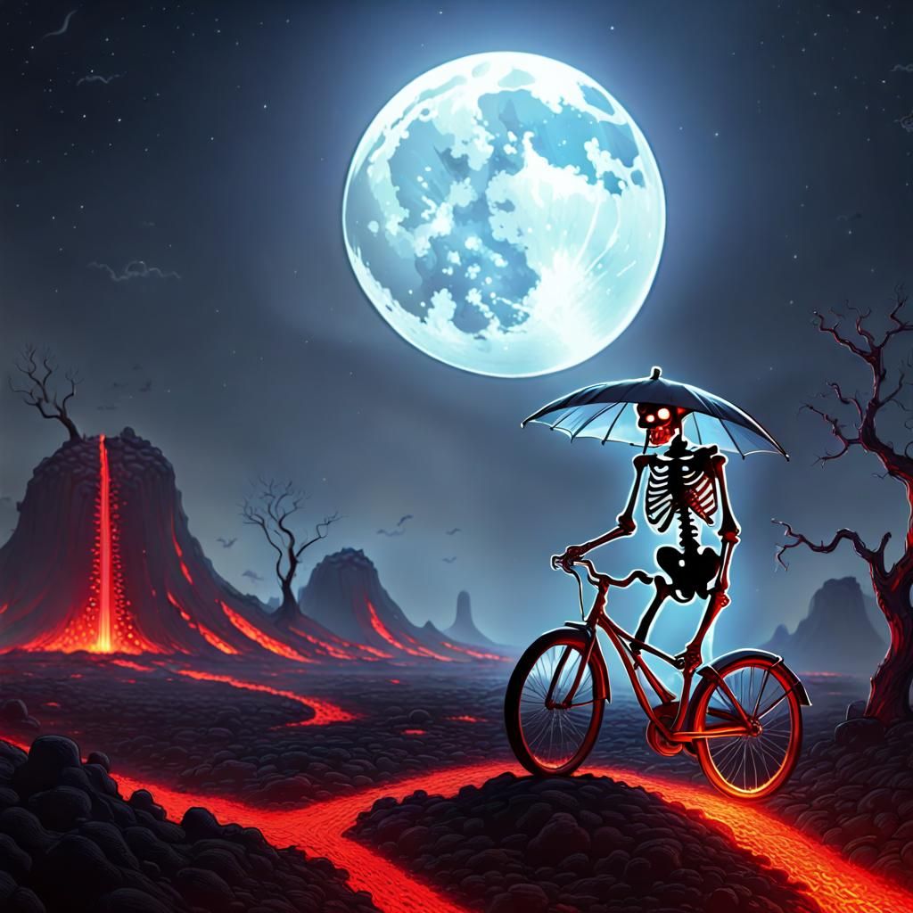 Surreal Skeleton Cyclist on Lava Field