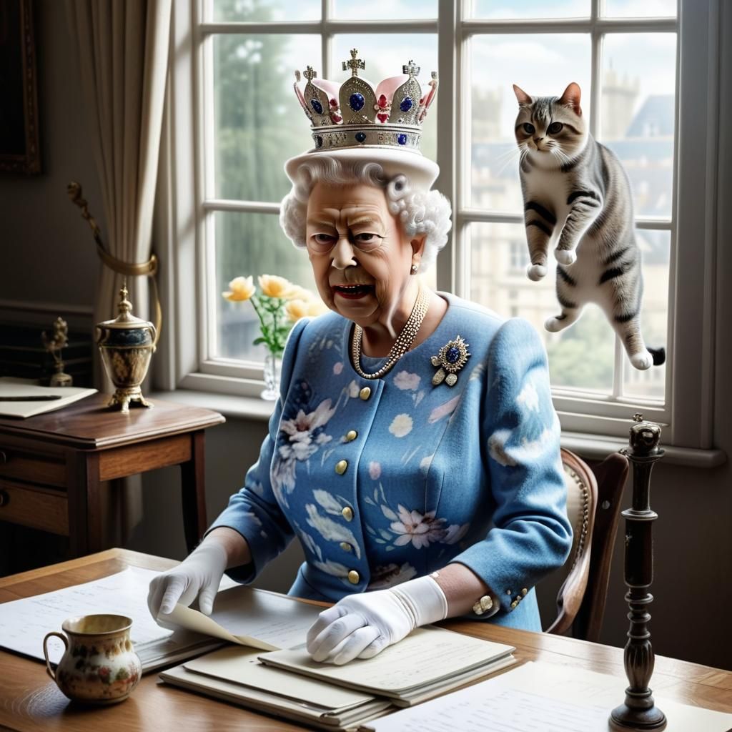 Queen Elizabeth at Her Desk with Cat