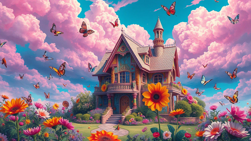 Fantastical Dream World with Pink Clouds and Graffiti