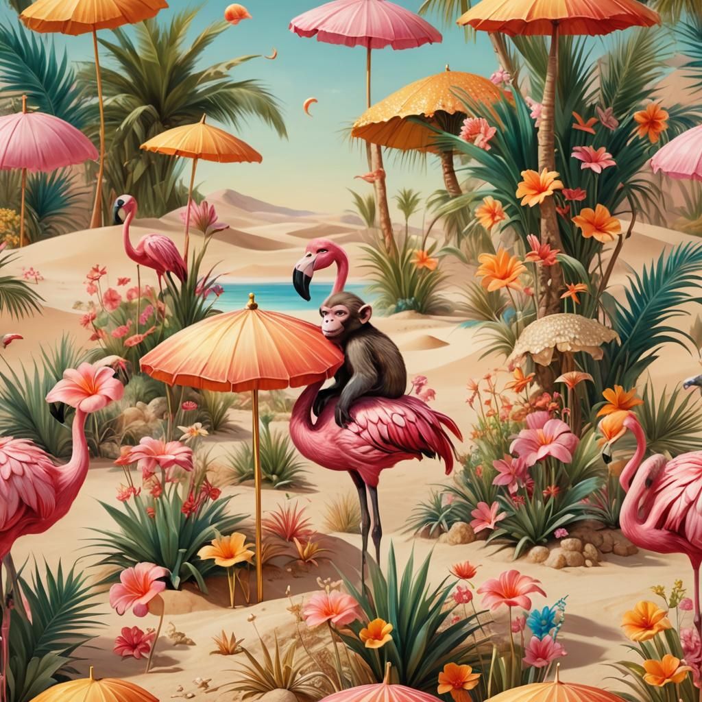 Monkey Rides Flamingo in Desert Oasis, Digital Art