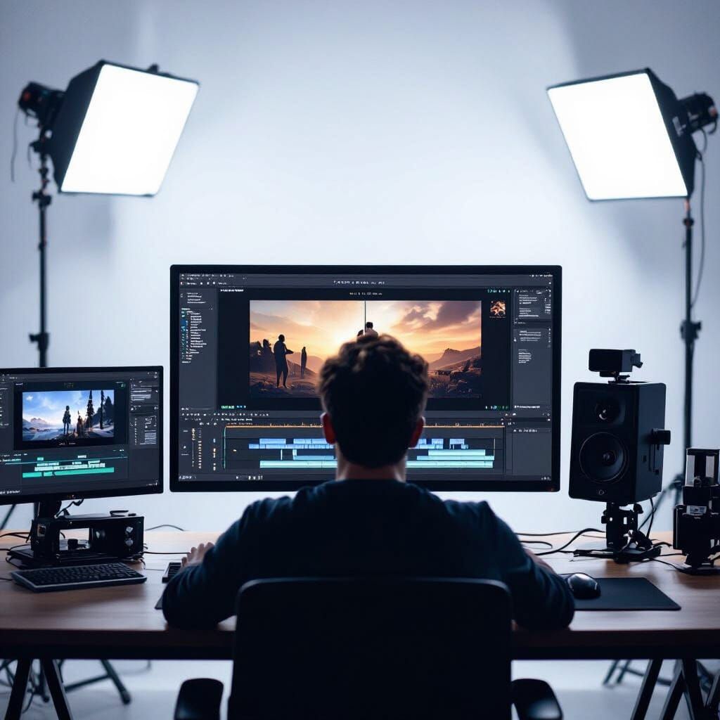 Video Editor at Work in Futuristic Cinematic Style