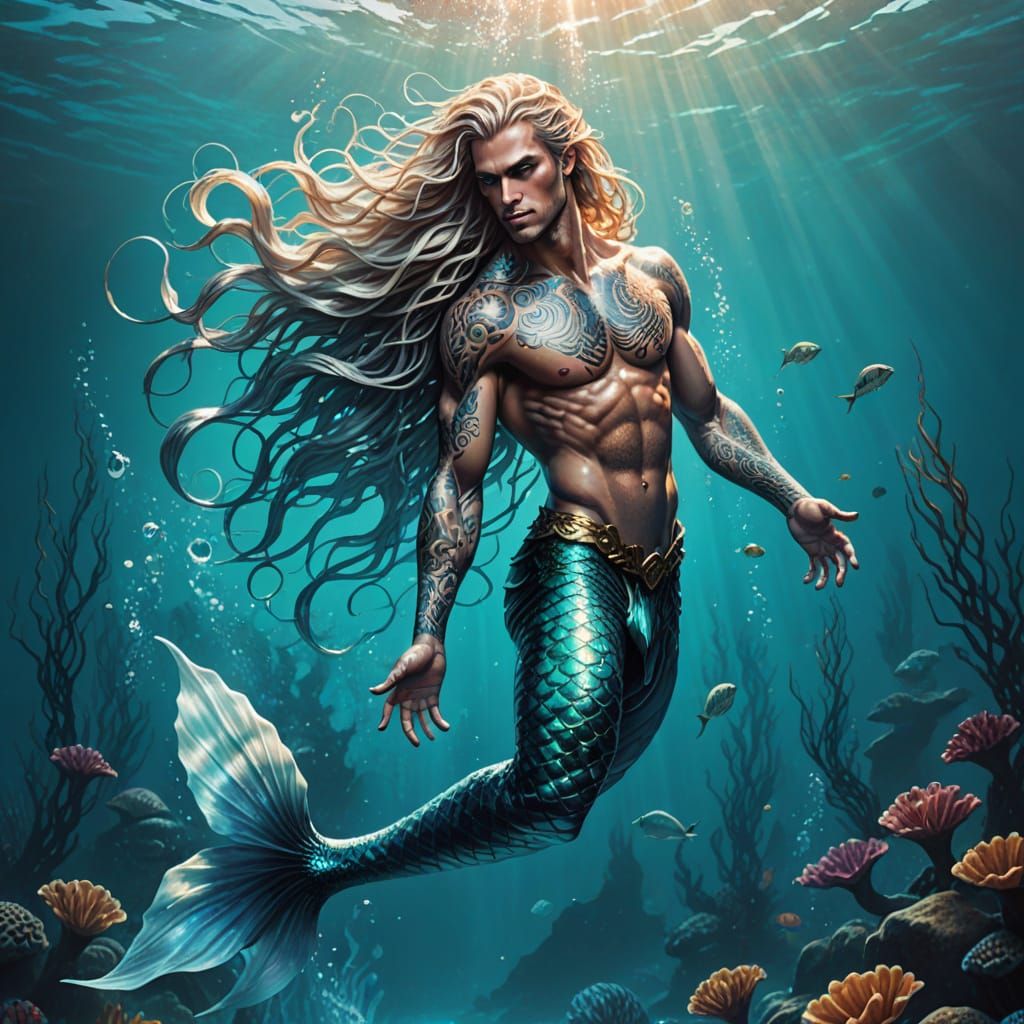 Muscular Merman with Tattoos in Fantasy Art Style