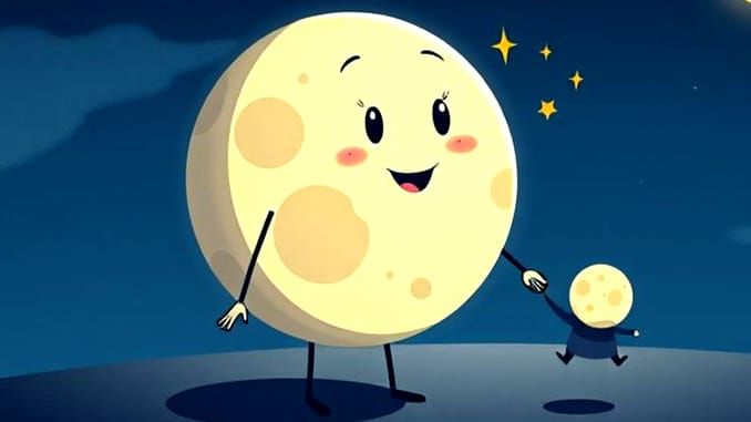 Anthropomorphic Moon with Child Cartoon Poster