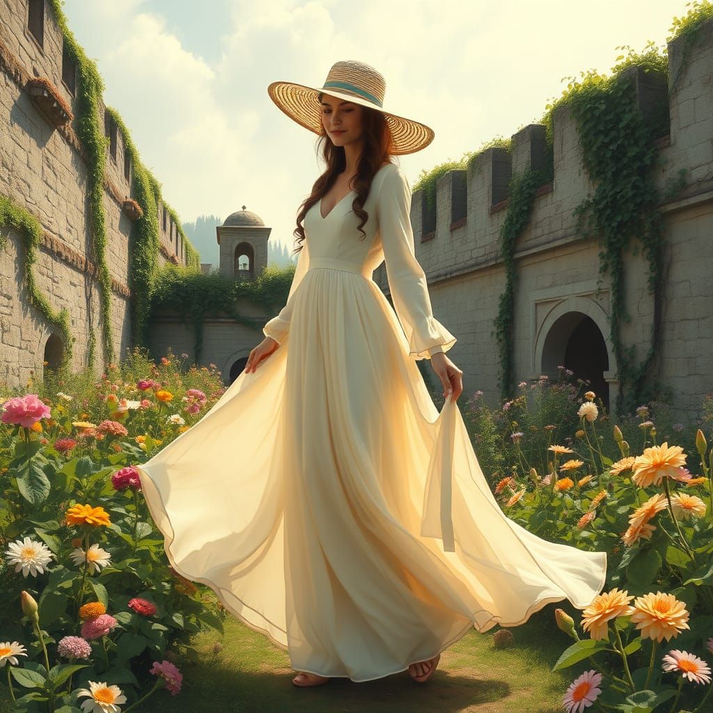 Woman in a Lush Garden with Old Vines and Warm Light