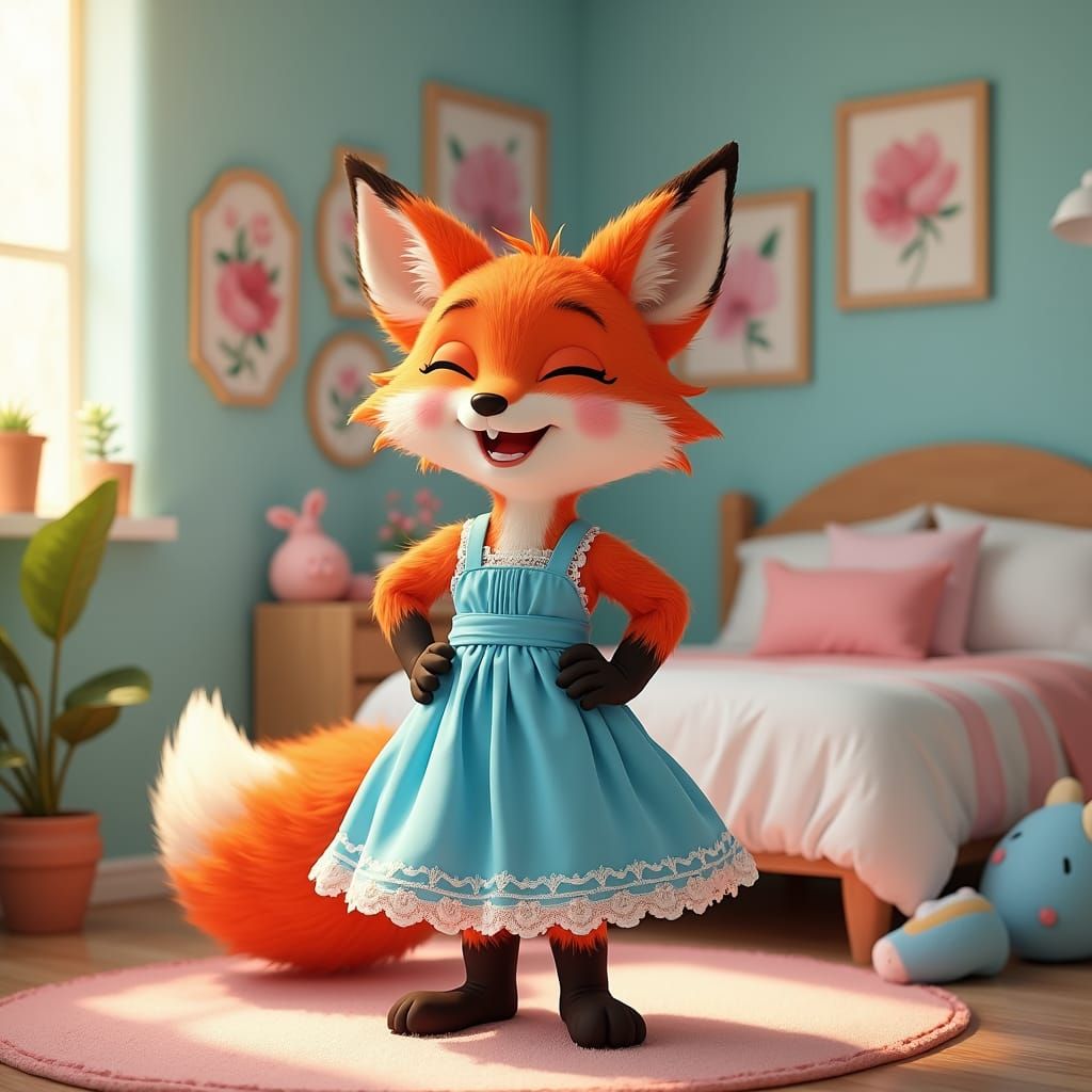 Fox in Blue Dress: Whimsical 3D Digital Art