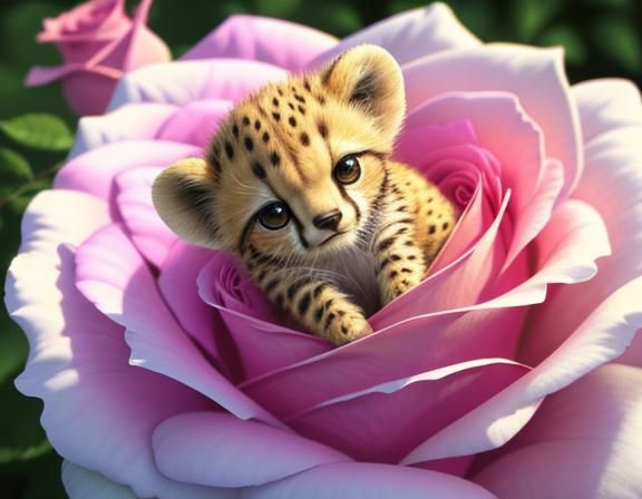 Cute Baby Cheetah in Rose, 3D Digital Art