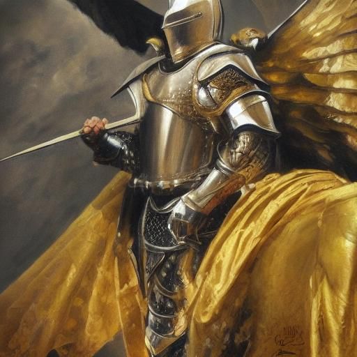 Golden Armored Knight with Black Wings as Oil Painting