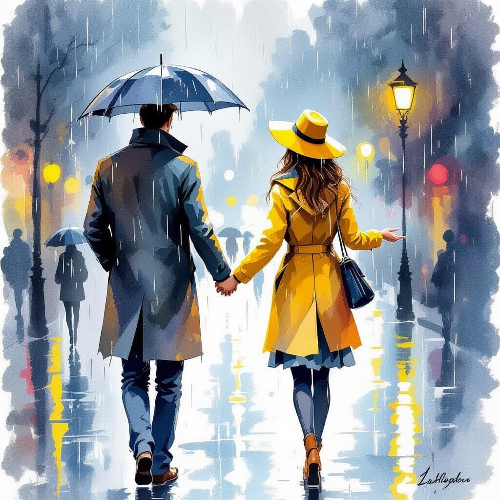 Rainy Embrace: A Watercolor Painting
