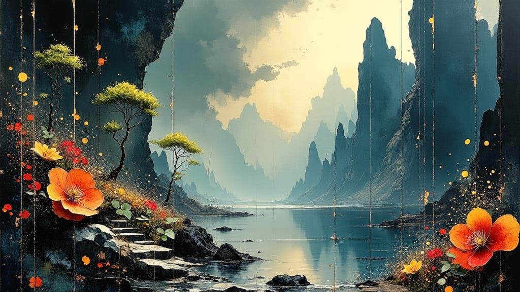 Surreal Fantasy Landscape with Shimmering Lake and Vibrant F...