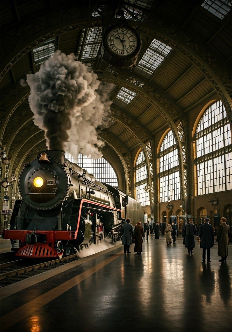 Vintage Train Station with Steam Locomotive