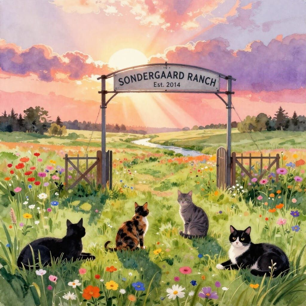 Watercolor Ranch Landscape with Cats and Archway