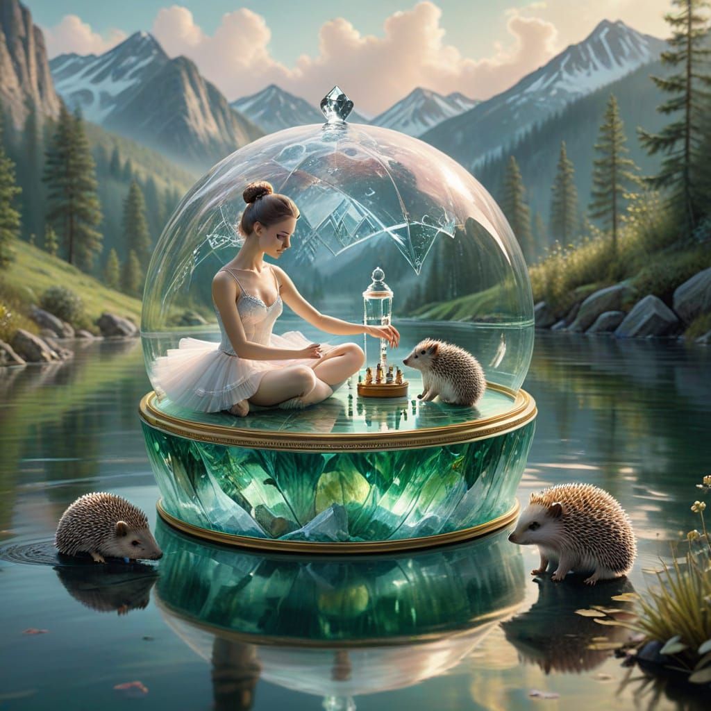 Dreamlike Ballerina in Crystal Music Box on Water