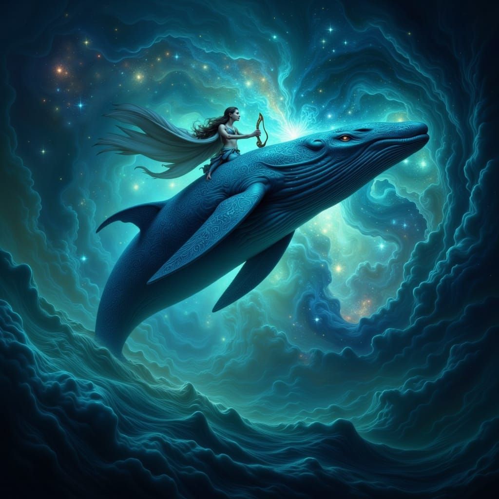 Cosmic Whale Plays Constellation Harp in Starry Ocean