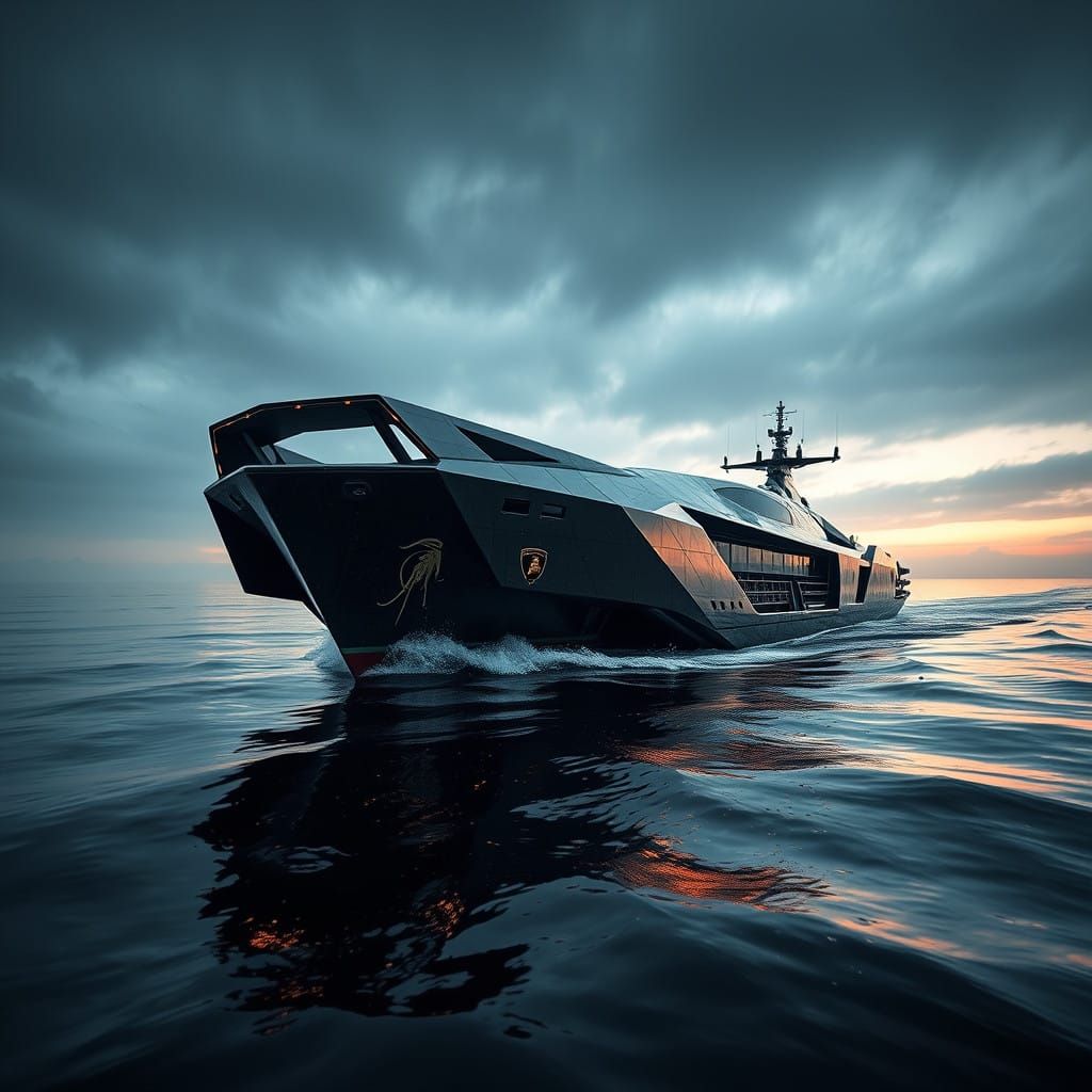 Hyperrealistic Lamborghini Ship Sails on Water in Futuristic...