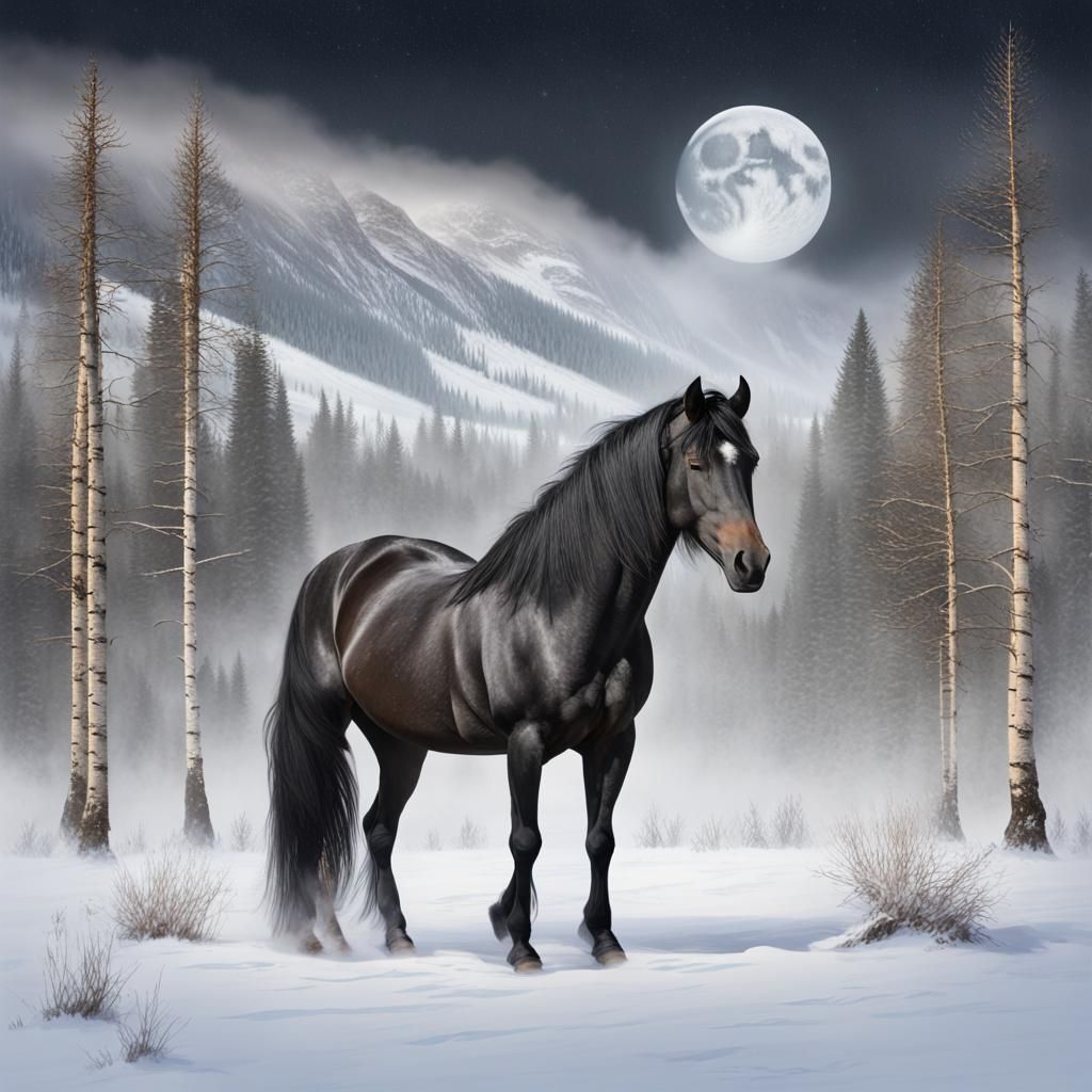 Wild Black Horse in Snowy Mountain Valley