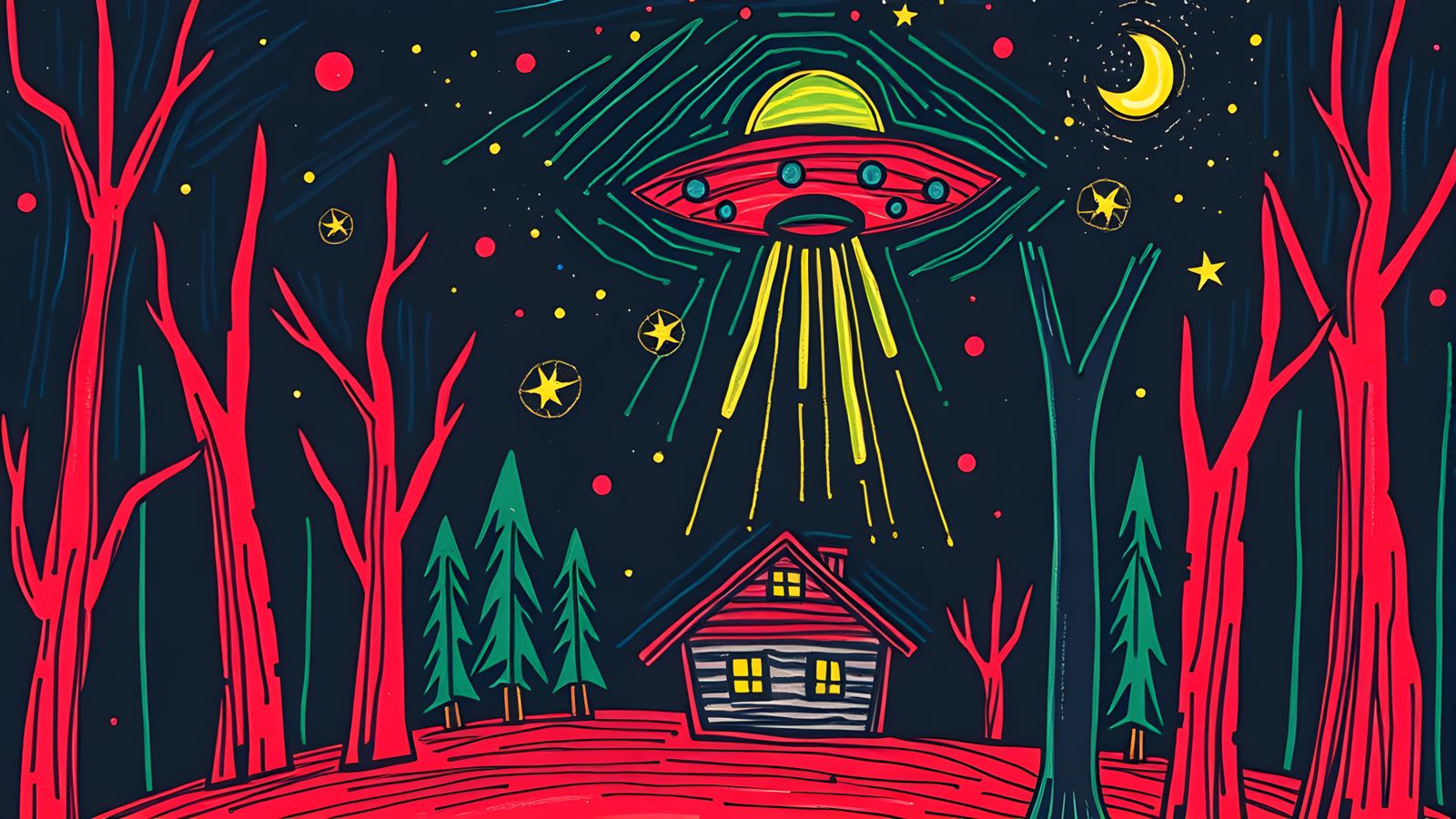 Child's Crayon Doodle of UFO Over Forest