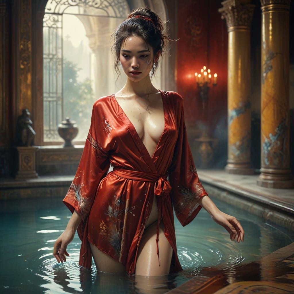 Eurasian Woman About to Enter Bathing Pool