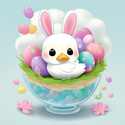 Chibi Duck on Cloud with Easter Theme