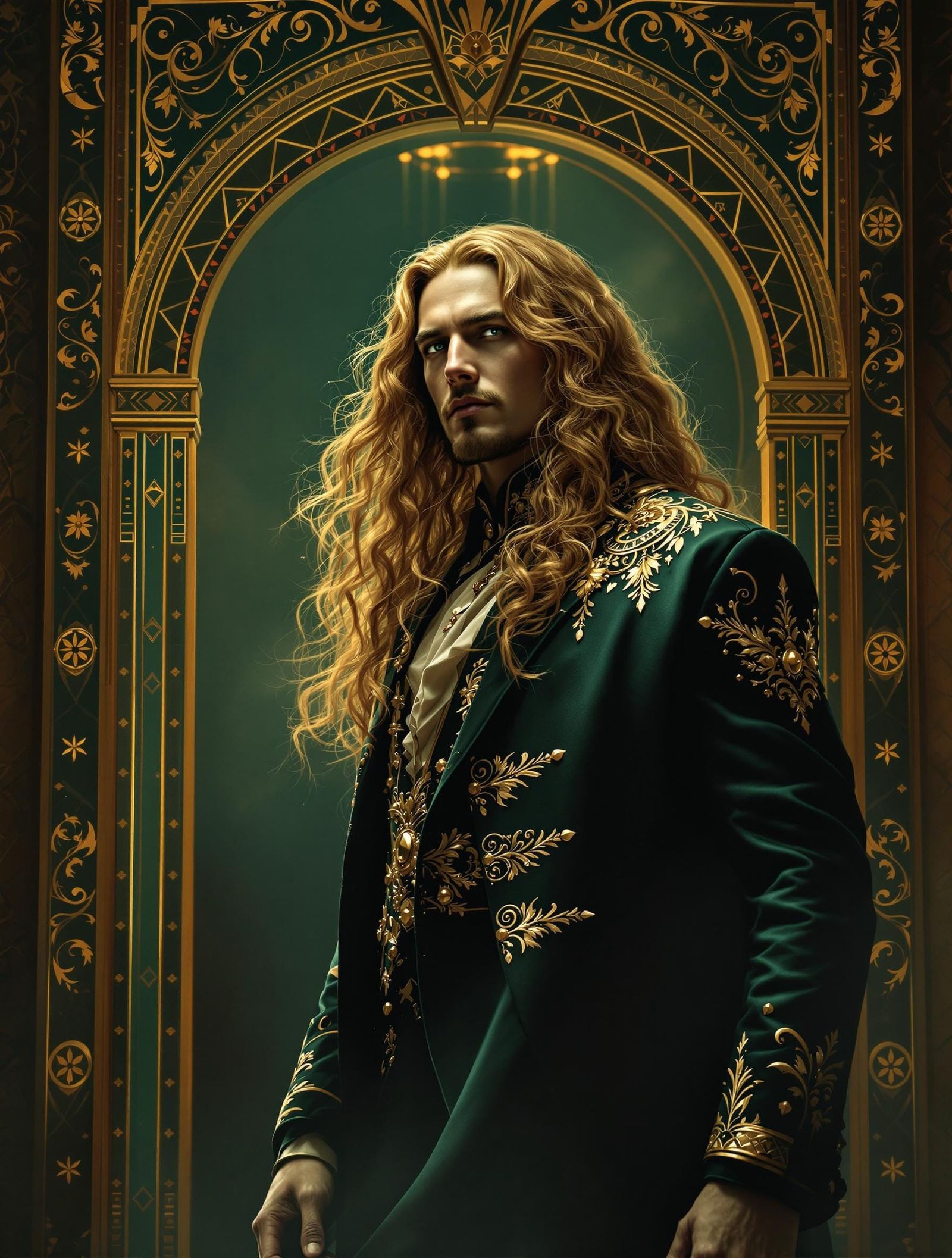 Golden-Haired Man in Art Nouveau Rococo Setting