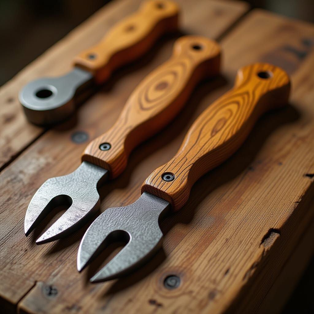 Intricately Carved Wooden Tools with Earthy Tones