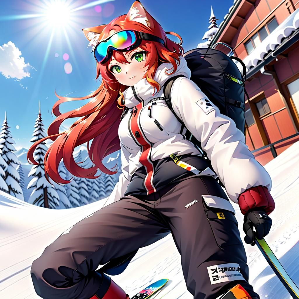 Anime Cat-Girl Snowboarding in Sapporo, Cel-Shaded