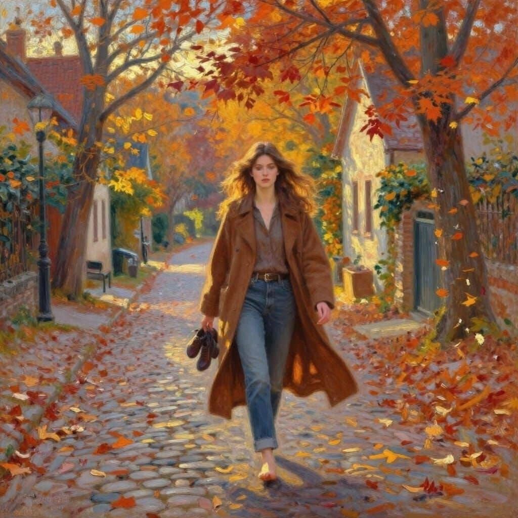 Autumn Village Walk: Woman in Impressionist Style