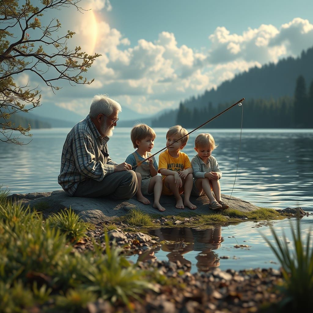 Wholesome Family Fishing Moment: Grandpa Teaches Grandchildr...