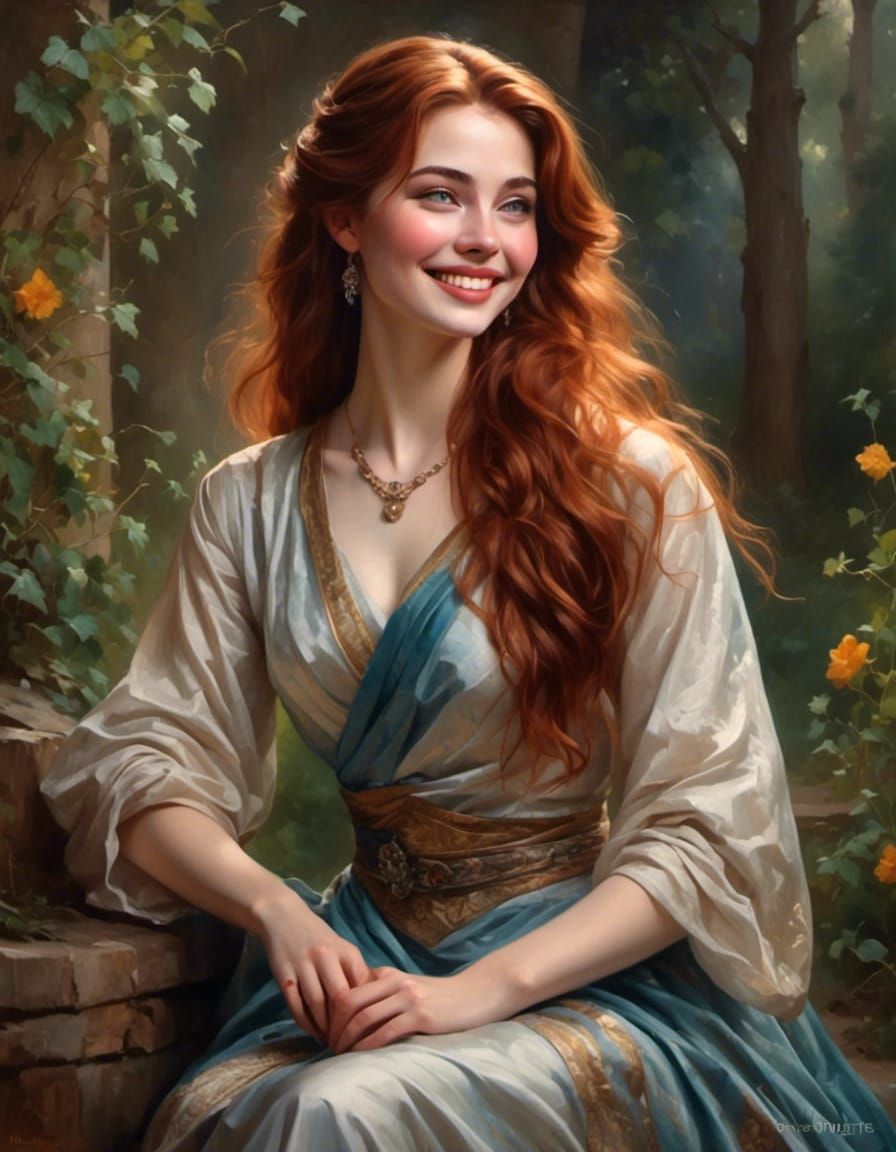 Joyful Auburn-Haired Woman Portrait, Fantasy Style