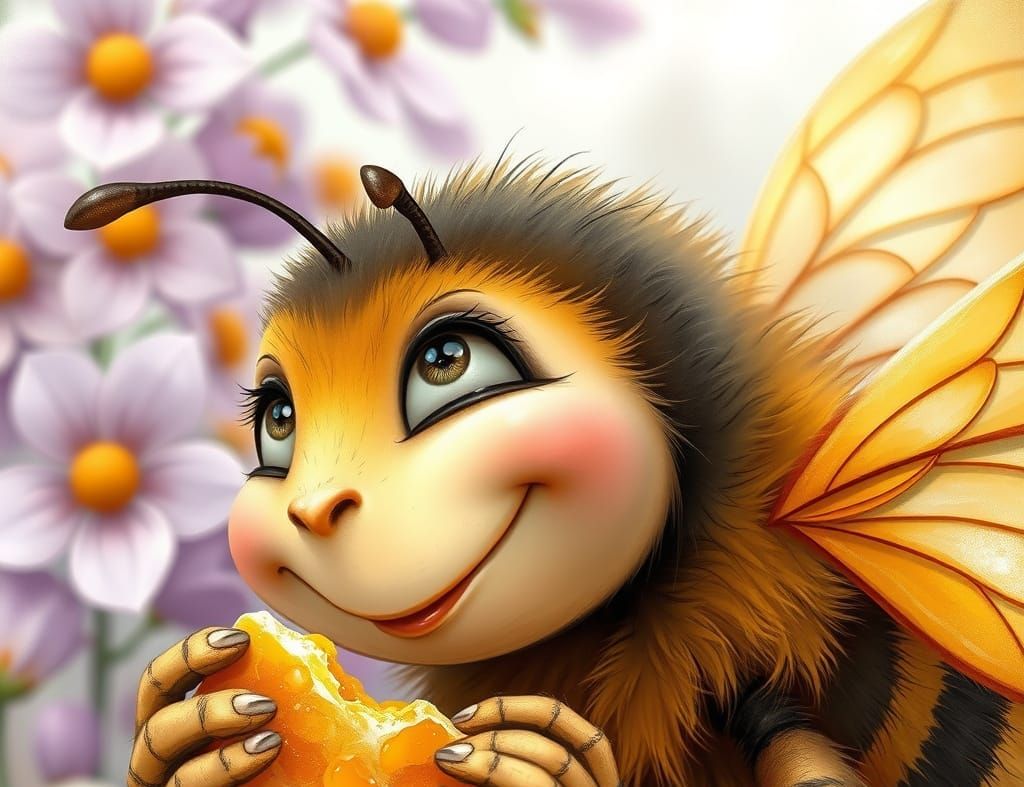 Surreal Bee Savoring Honeycomb in a Field of Wildflowers