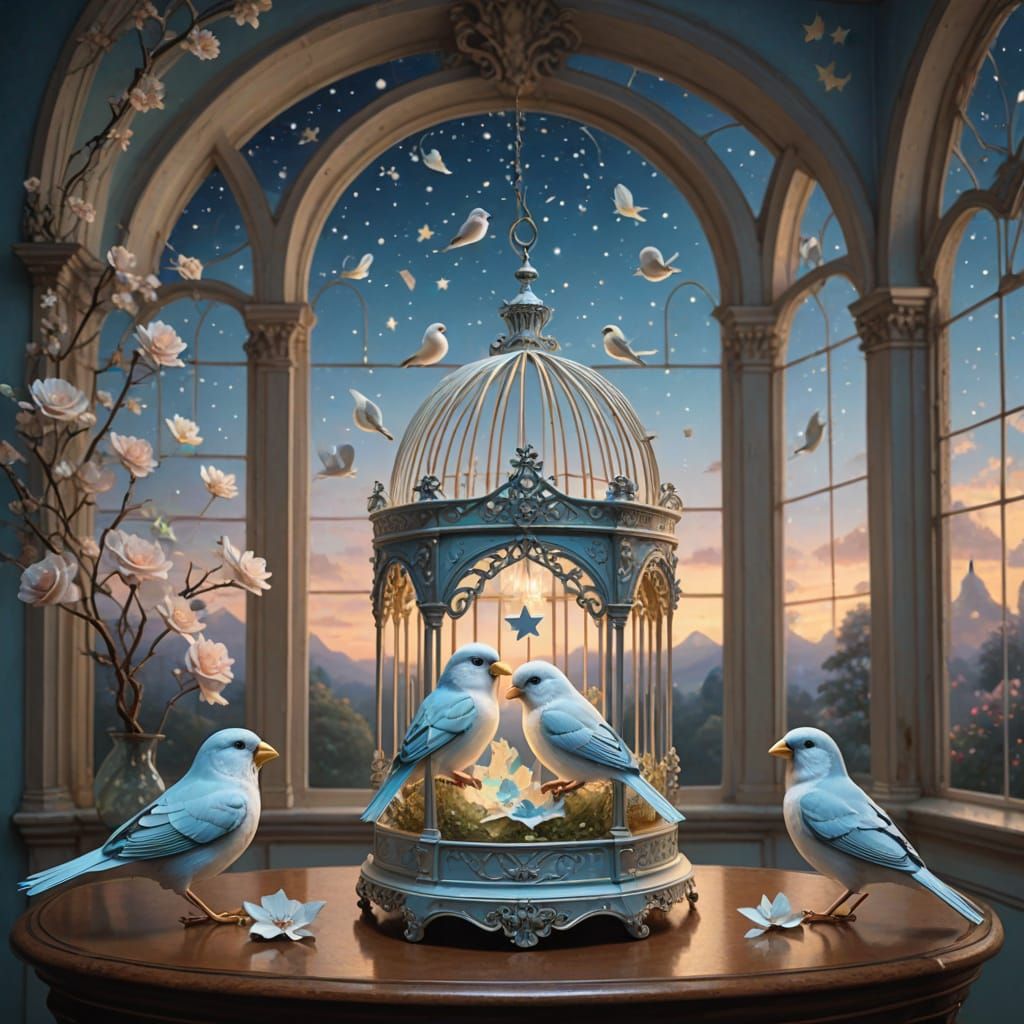 Surreal Paper Birdcage with Canaries in Baroque Room