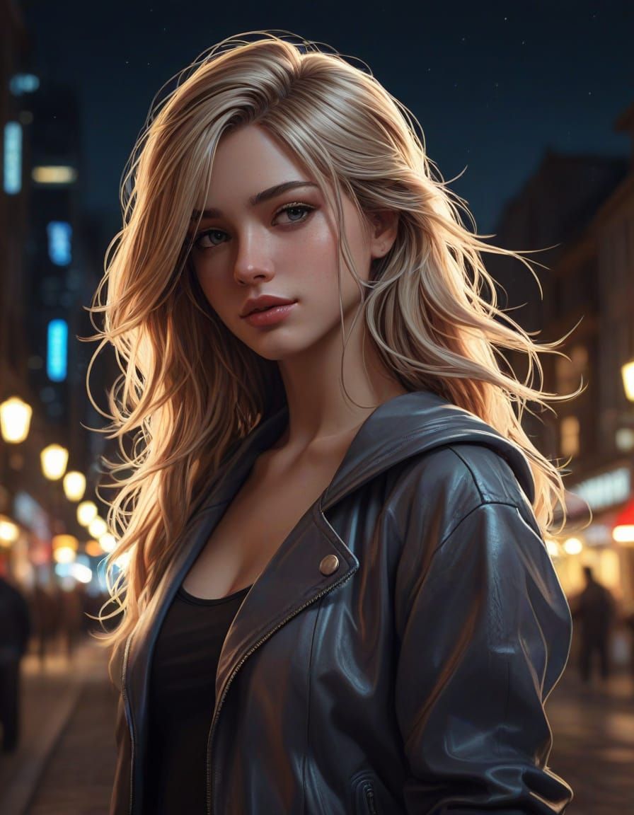 Anime Woman in Neon City at Night