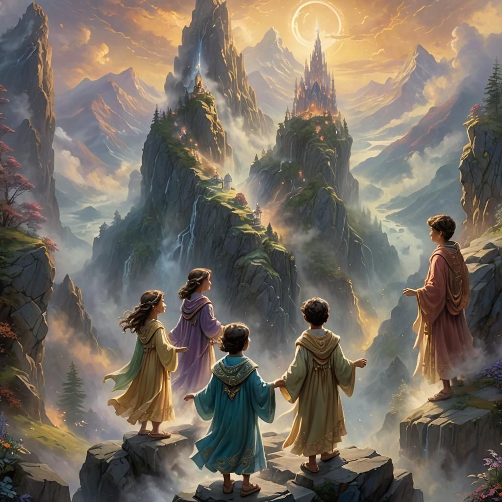 Ethereal Children of Gods on Mountain Peak