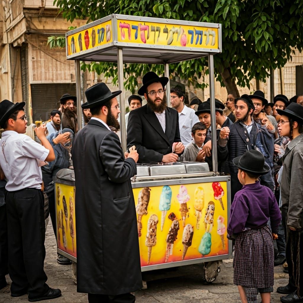Haredi Man Selling Ice Cream, Illustrative Style