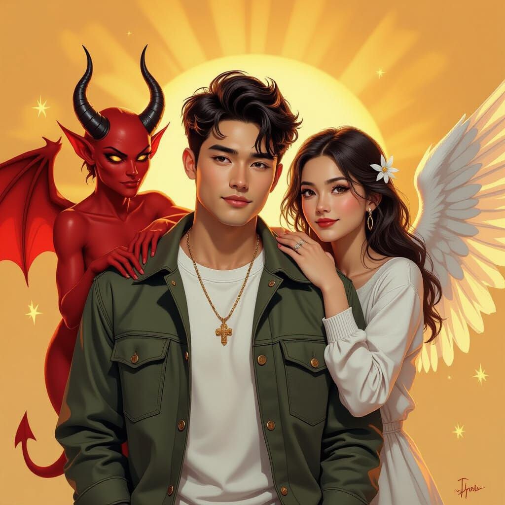 Person with Angel and Demon in Fantasy Art Style
