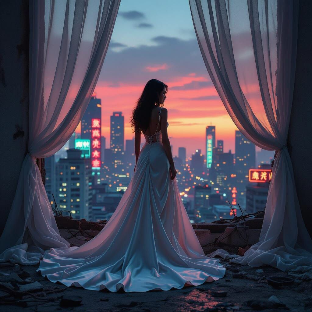 Woman in Neon City with Chiffon Curtains