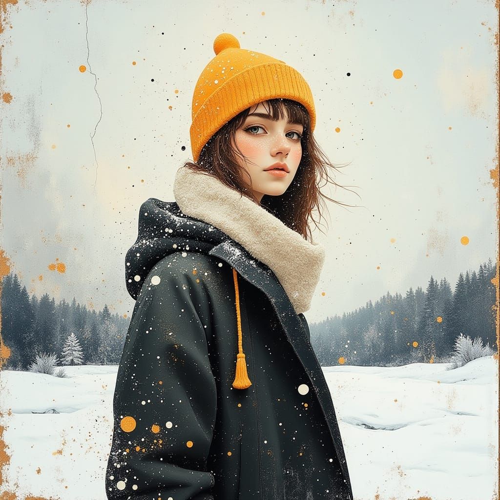 Impressionist Woman in Snowy Northern Landscape