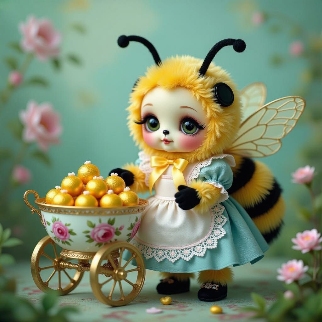 Bee Creature Offers Sweets in Surreal Pastel Dreamscape