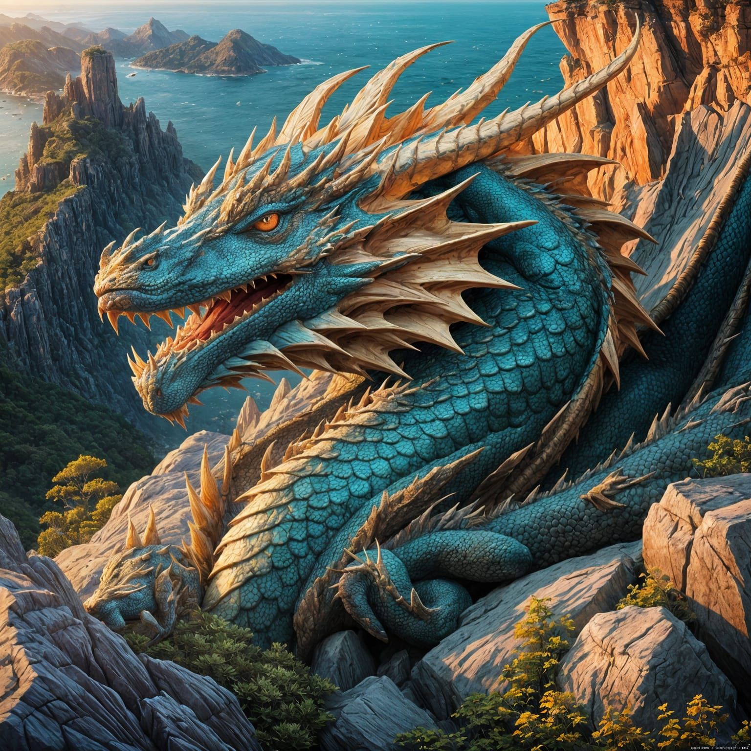 Dragon Asleep on Cliff at Sunrise